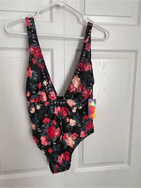 NWT Primark Black One-Piece Swimsuit with Red & Pink Rose Print